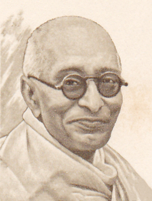 Sepia portrait study of C. Rajagopalachari in round spectacles.