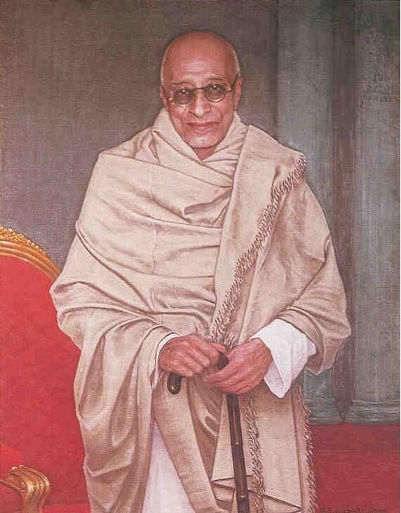 Painted state portrait of C. Rajagopalachari in a white shawl beside a red and gilt chair.